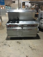 FABULOUS! Vulcan Commercial Natural Gas Powered 4 Burner Stove! With Right Side Flat Griddle! With Backsplash & Overhead Salamander Shelf! With 2 Full Size Oven Underneath! All Stainless Steel! On Legs!