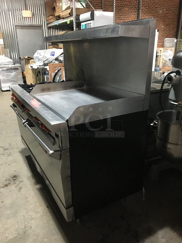 FABULOUS! Vulcan Commercial Natural Gas Powered 4 Burner Stove! With Right Side Flat Griddle! With Backsplash & Overhead Salamander Shelf! With 2 Full Size Oven Underneath! All Stainless Steel! On Legs! - Image 2 of 12