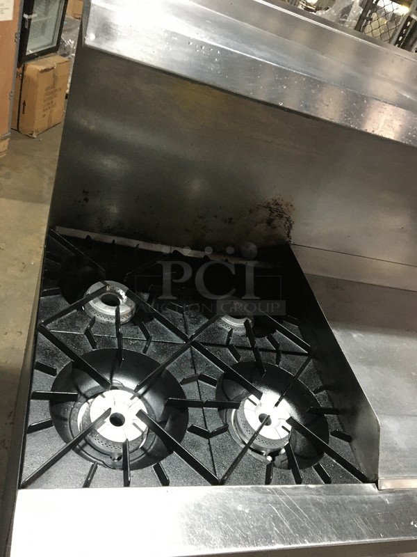 FABULOUS! Vulcan Commercial Natural Gas Powered 4 Burner Stove! With Right Side Flat Griddle! With Backsplash & Overhead Salamander Shelf! With 2 Full Size Oven Underneath! All Stainless Steel! On Legs! - Image 5 of 12