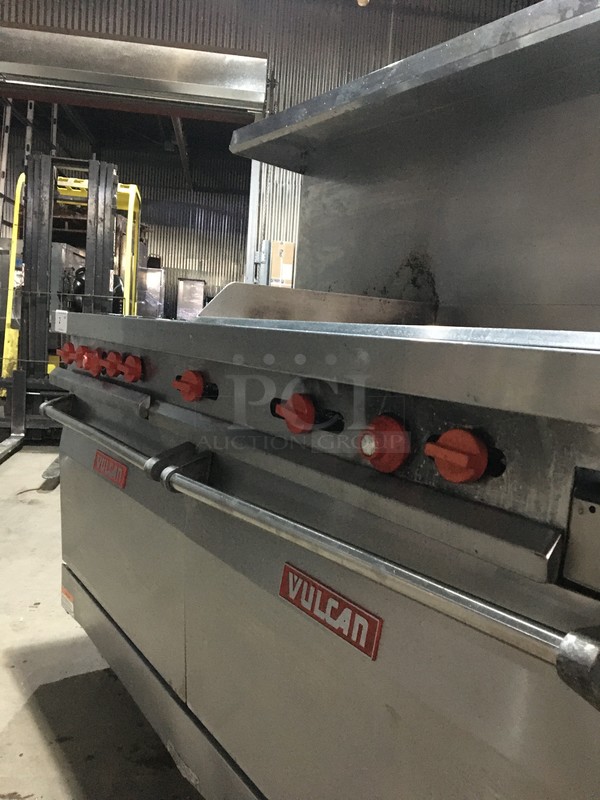 FABULOUS! Vulcan Commercial Natural Gas Powered 4 Burner Stove! With Right Side Flat Griddle! With Backsplash & Overhead Salamander Shelf! With 2 Full Size Oven Underneath! All Stainless Steel! On Legs! - Image 12 of 12
