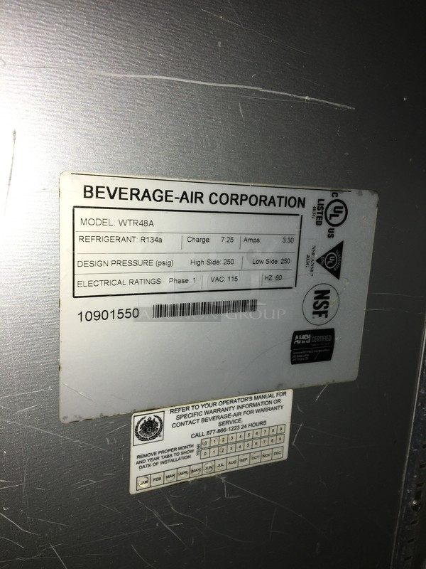 Beverage Air Commercial Refrigerated 2 Door Undercounter Cooler! With Poly Coated Racks! All Stainless Steel! Model WTR48A Serial 10901550! 115V 1Phase! On Commercial Casters! - Image 7 of 8