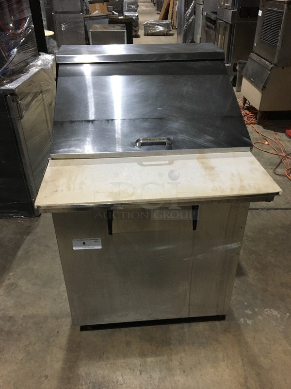 True Commercial Refrigerated Sandwich Prep Table! With Underneath Storage Space! With Commercial Cutting Board! Model TSSU2712MC Serial 7136604! 115V 1Phase! On Commercial Casters!