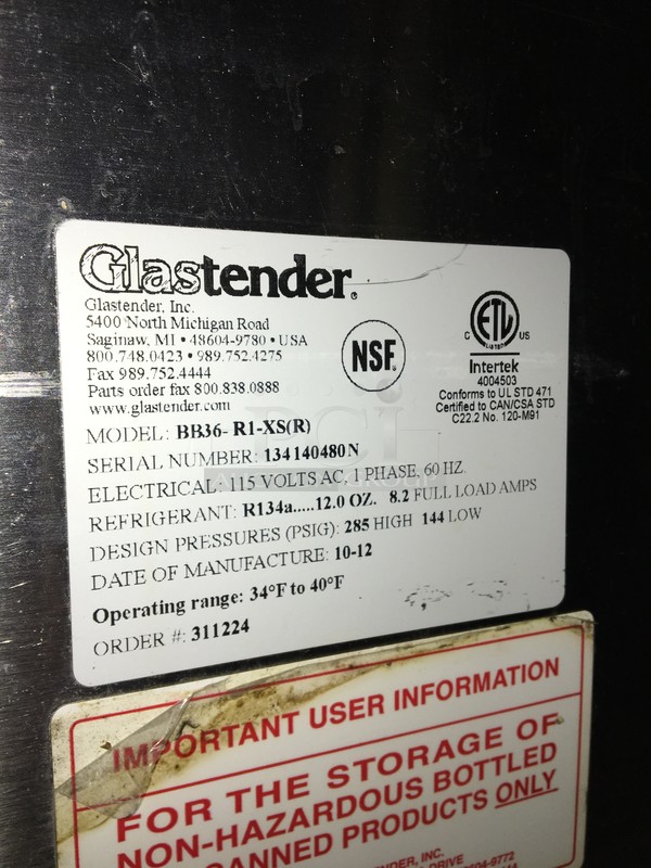 Glastender Commercial Single Door Refrigerated Bar Back Merchandiser! With Poly Coated Rack! Model BB36R1XSR Serial 134140480N! 115V 1Phase! - Image 7 of 9