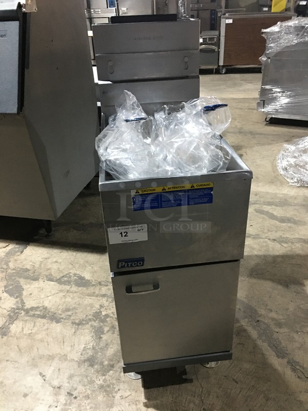 Pitco Commercial Natural Gas Powered Deep Fat Fryer! With 2 Metal Frying Baskets! With Backsplash! All Stainless Steel! Model 35C Serial G15CB011933! On Legs! - Image 1 of 9