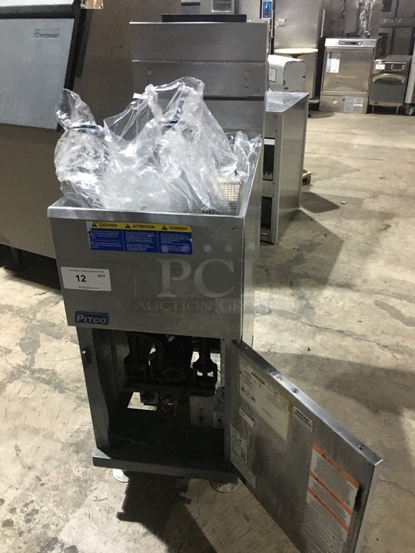 Pitco Commercial Natural Gas Powered Deep Fat Fryer! With 2 Metal Frying Baskets! With Backsplash! All Stainless Steel! Model 35C Serial G15CB011933! On Legs! - Image 5 of 9
