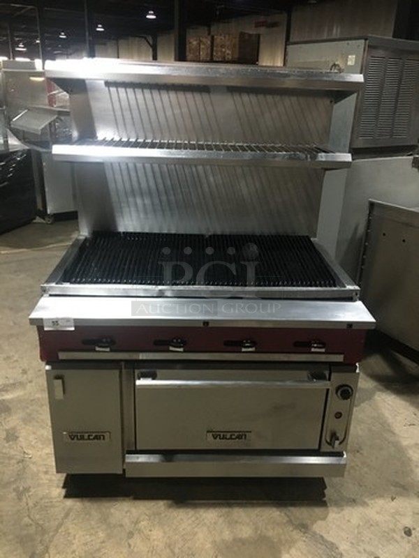 Nice! Vulcan Heavy Duty Natural Gas Powered Char Grill Broiler With Full Size Oven Underneath! With Raised Back Splash With Double Shelf! On Commercial Casters!  