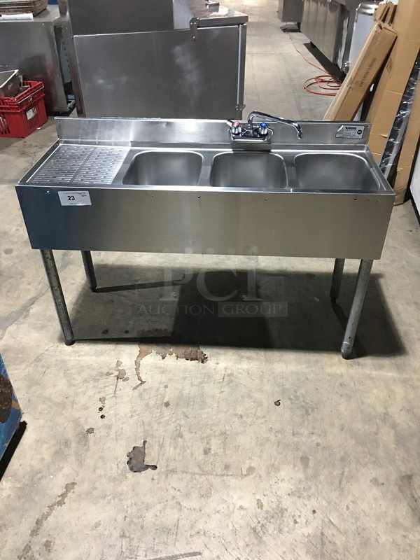 NICE! Krowne Commercial Under The Counter 3 Compartment Sink! With Left Side Draining Board! With Backsplash & Faucet! All Stainless Steel! Model 1843R Serial 10030006009! On Legs!
