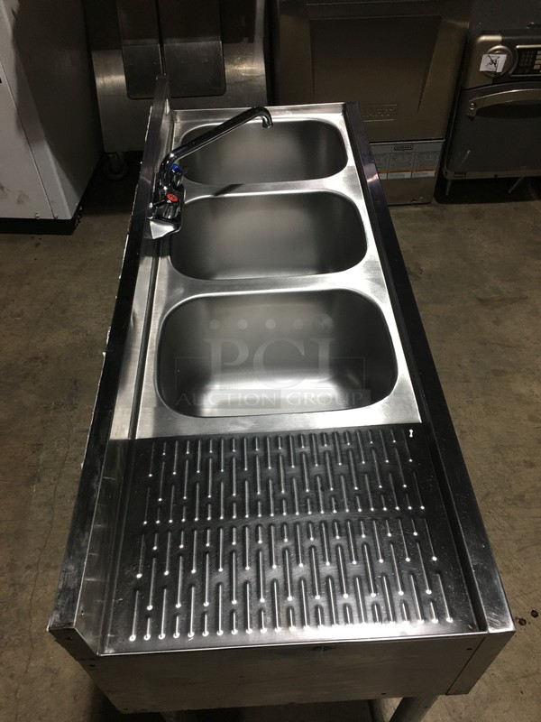 NICE! Krowne Commercial Under The Counter 3 Compartment Sink! With Left Side Draining Board! With Backsplash & Faucet! All Stainless Steel! Model 1843R Serial 10030006009! On Legs! - Image 5 of 11