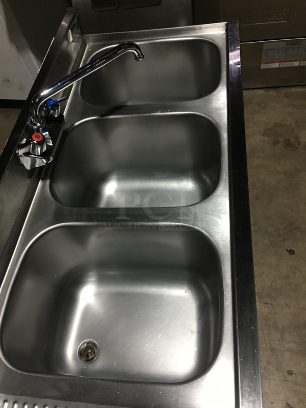 NICE! Krowne Commercial Under The Counter 3 Compartment Sink! With Left Side Draining Board! With Backsplash & Faucet! All Stainless Steel! Model 1843R Serial 10030006009! On Legs! - Image 7 of 11