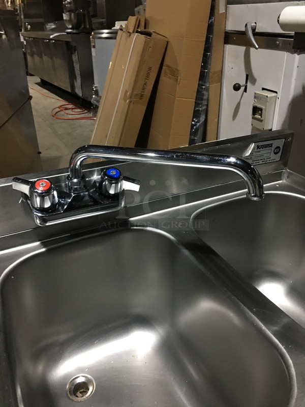 NICE! Krowne Commercial Under The Counter 3 Compartment Sink! With Left Side Draining Board! With Backsplash & Faucet! All Stainless Steel! Model 1843R Serial 10030006009! On Legs! - Image 9 of 11