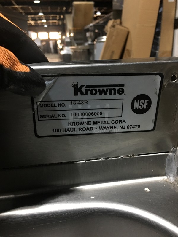 NICE! Krowne Commercial Under The Counter 3 Compartment Sink! With Left Side Draining Board! With Backsplash & Faucet! All Stainless Steel! Model 1843R Serial 10030006009! On Legs! - Image 10 of 11