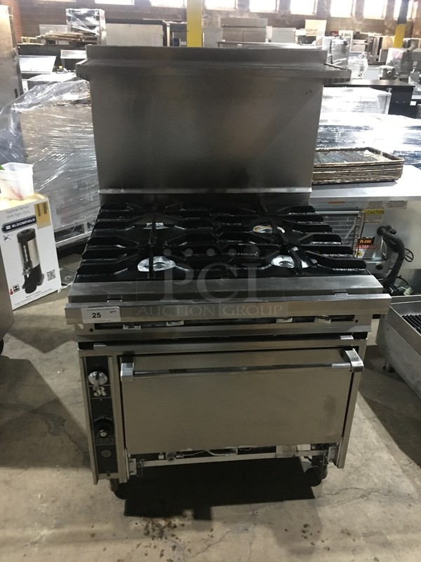 SWEET! Jade Range Commercial Natural Gas Powered 4 Burner Stove! With Full Size Oven Underneath! With Backsplash & Salamander Shelf Overhead! All Stainless Steel! On Commercial Casters!