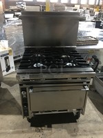 SWEET! Jade Range Commercial Natural Gas Powered 4 Burner Stove! With Full Size Oven Underneath! With Backsplash & Salamander Shelf Overhead! All Stainless Steel! On Commercial Casters!