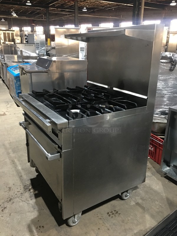 SWEET! Jade Range Commercial Natural Gas Powered 4 Burner Stove! With Full Size Oven Underneath! With Backsplash & Salamander Shelf Overhead! All Stainless Steel! On Commercial Casters! - Image 3 of 12