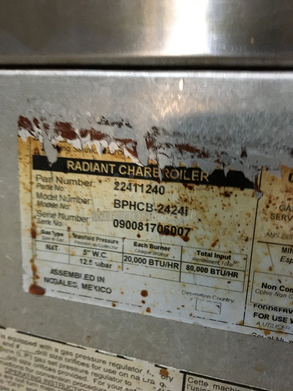 AMAZING! Bakers Pride Commercial Countertop Natural Gas Powered Char Broiler! With Back & Side Splashes! All Stainless Steel! Model BPHCB2424I Serial 090081706007! On Legs! - Image 8 of 9