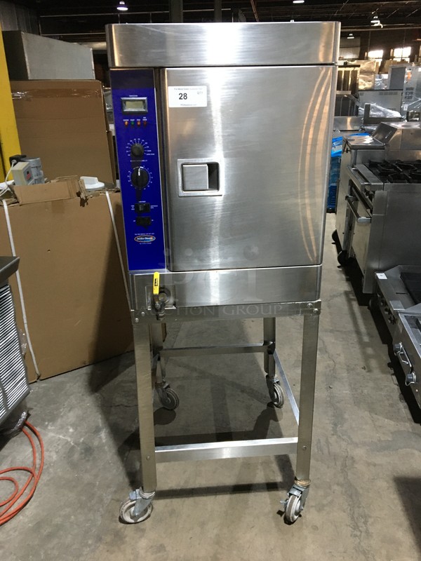 NICE! Stellar Steam Electric Powered Steam Cabinet! All Stainless Steel! On Stand With Casters! Model CAPELLA6 Serial 030506072! 208V 3 Phase! On Commercial Casters!