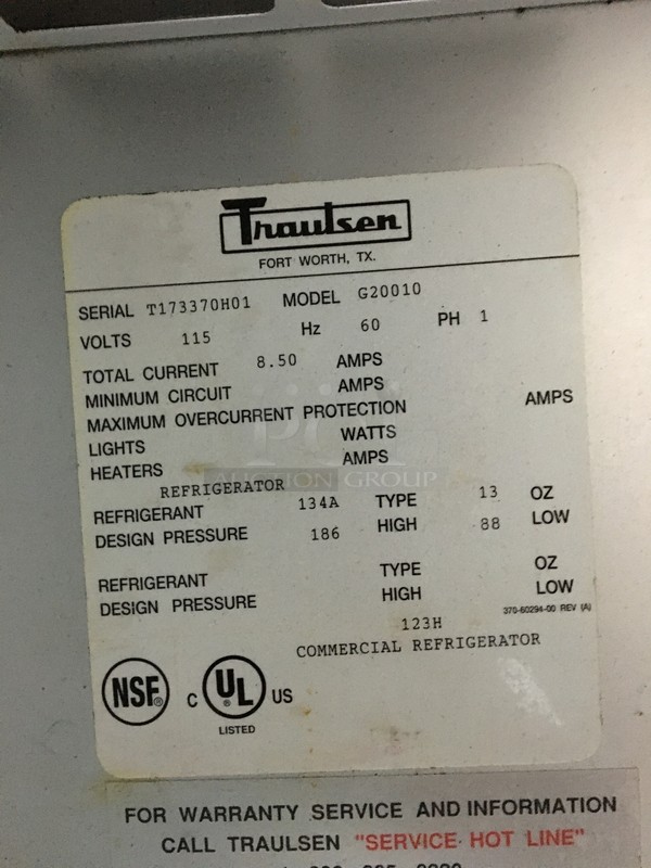 Traulsen Commercial 2 Door Reach In Refrigerator! With Poly Coated Racks! All Stainless Steel! Model G20010 Serial T173370H01! 115V 1Phase! On Commercial Casters!  - Image 8 of 10