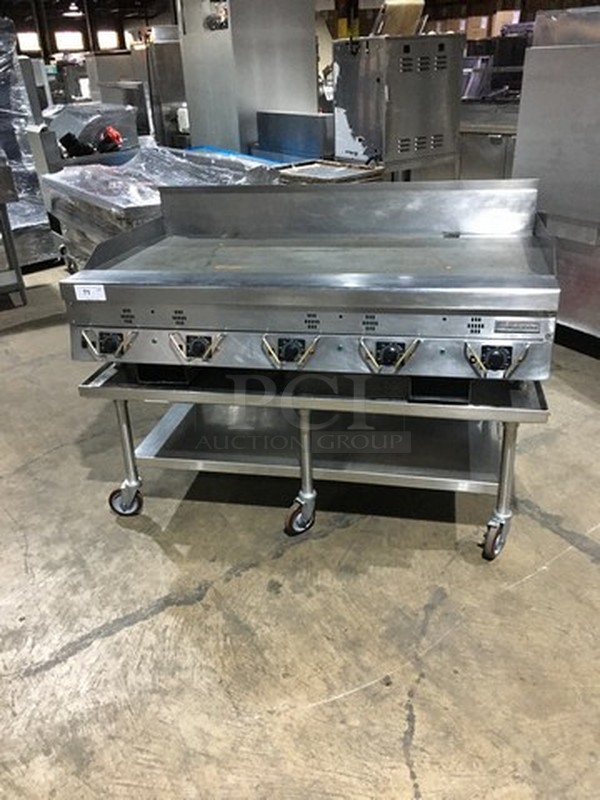 Sweet! Garland Natural Gas Powered Thermostatic Controlled Flat Grill! On All Stainless Steel Equipment Stand! On Commercial Casters! 