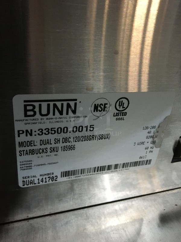 Bunn Commercial Countertop Dual Coffee Brewing Machine! With Hot Water Dispenser! All Stainless Steel! Model DUALSHDBC Serial DUAL141702! 120/208V 1Phase! On Legs!  - Image 7 of 8