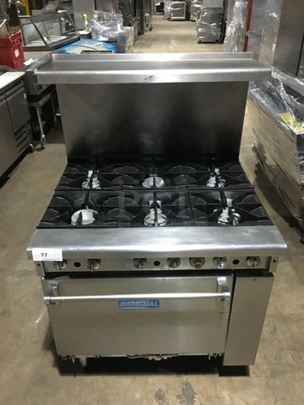 Imperial Natural Gas Powered 6 Burner Range! With Full Size Oven Underneath! With Raised Back Splash And Shelf! On Legs!  