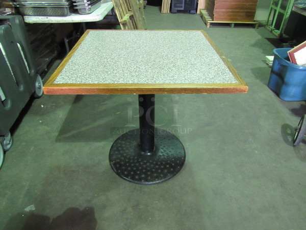 Granite Look Laminate Table Top With A Solid Oak Wooden Edge On A Decorative Round Base. 32X32X30.