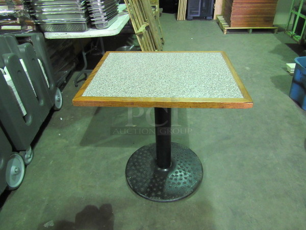 Granite Look Laminate Table Top With A Solid Oak Wooden Edge On A Decorative Round Base. 24X30X30.