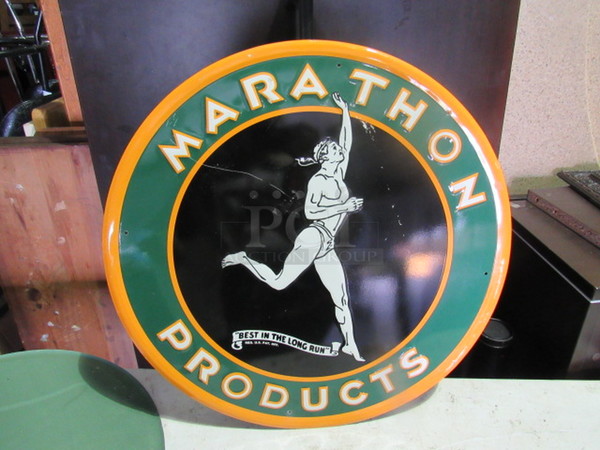 One 23.5 Inch Round Marathon Tin Sign.