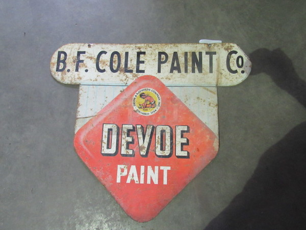 One 36X30 VINTAGE B.F. Cole Paint Co. Devoe Paint Dual Sided  Tin Sign.