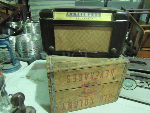 One Vintage True Tone Standard Broadcast Battery Operated Radio, Glued To A Wooden Crate. Model# D2963.