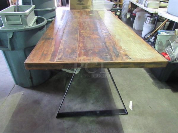One AWESOME Vintage Look Wooden Table With Metal Legs. 72X36X30