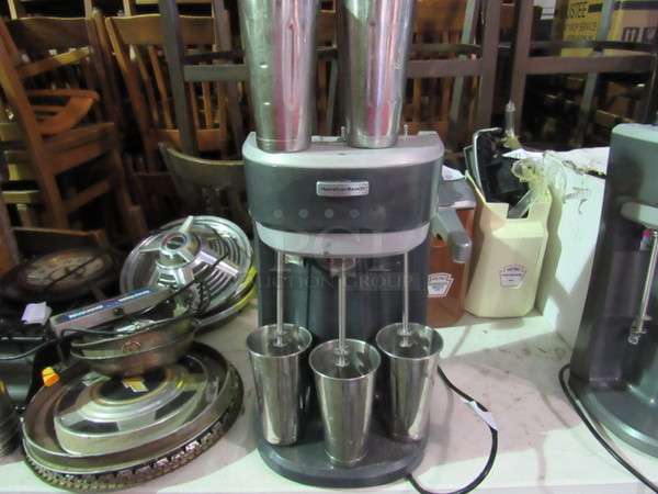 One Hamilton Beach Triple Spindle Drink Mixer, With 5 Stainless Steel Cups. Model# HMD400. 120 Volt.