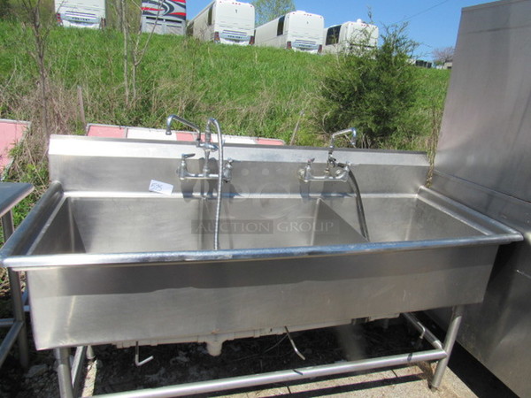 One Stainless Steel Triple Bowl Sink With 2 Faucets And Hose Sprayer. 78X29X44