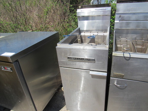 One Stainless Steel American Range Natural Gas Deep Fryer With 2 Baskets. Model# AF35/50. 16X31X46.