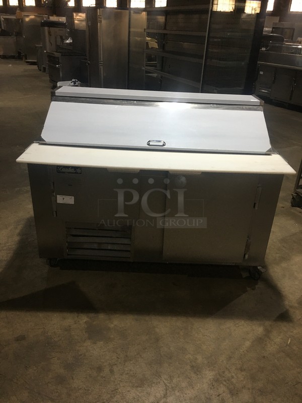 Leader Commercial Refrigerated Sandwich Prep Table! With Cutting Board! With 2 Door Underneath Storage Space! All Stainless Steel Body! Model LM60 Serial GY09M0410A! 115V 1Phase! On Commercial Casters! 