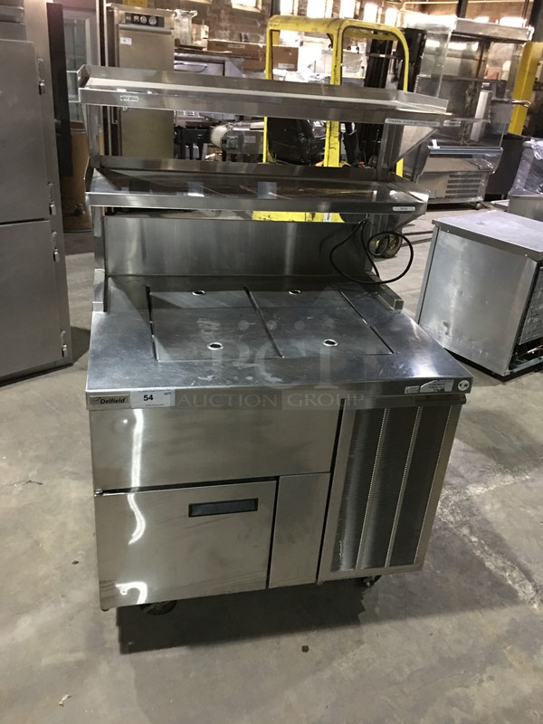 BEAUTIFUL! Delfield Commercial Refrigerated Mega Top Bain Marie/Sandwich Prep Table! With One Door Underneath Storage Space! With Overhead Serving Shelf! All Stainless Steel! Model F18MC39D Serial 1609150001856 115V 1 Phase! On Commercial Casters!
