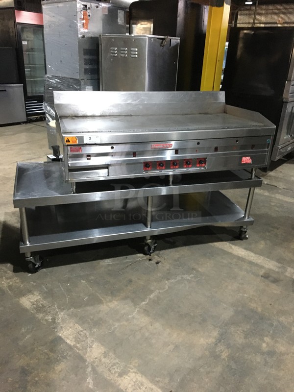 AMAZING! MagiKitch'n Commercial Natural Gas Powered 5' Flat Griddle! With Back & Side Splashes! On Commercial 6' Equipment Stand! With Underneath Storage Space! All Stainless Steel! On Commercial Casters!