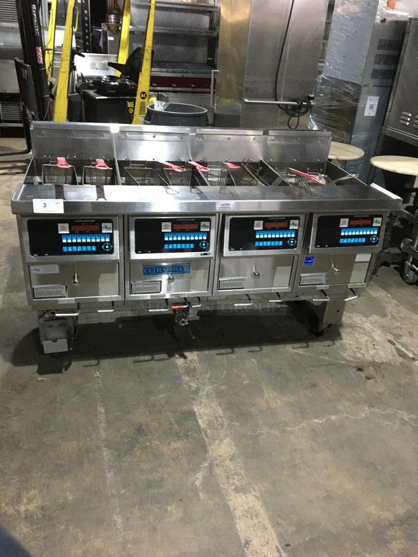 LATE MODEL Ultrafryer Commercial Natural Gas Powered 4 Bay Deep Fat Fryer! With Backsplash! With Digital Touch Controls! All Stainless Steel! Model Z8311B Serial US1701401520155! On Commercial Casters!