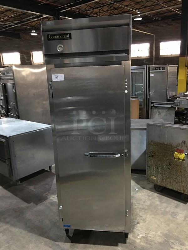 Continental Commercial Single Door Reach In Freezer! With Poly Coated Racks! All Stainless Steel! Model 1FESS Serial 14731017! 115V 1Phase! On Legs!