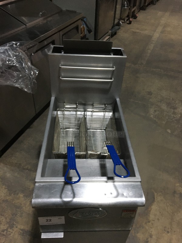 Avantco Commercial Natural Gas Powered Deep Fat Fryer! With Backsplash! With 2 Metal Frying Baskets! All Stainless Steel! Model FF300N Serial 14030074V! On Legs!