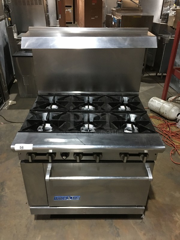 GREAT! American Range Commercial Natural Gas Powered 6 Burner Stove! With Full Size Oven Underneath! With Backsplash & Overhead Salamander Shelf! All Stainless Steel! On Commercial Casters!