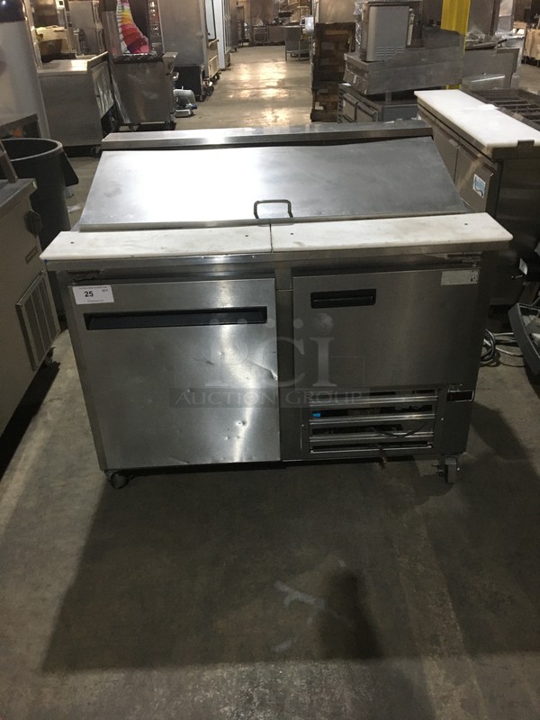 Cool Tech Commercial Refrigerated Sandwich Prep Table! With 2 Door Storage Space Underneath! With Commercial Cutting Boards! All Stainless Steel! Model CMPH48BM Serial 115734! 120V! On Commercial Casters!