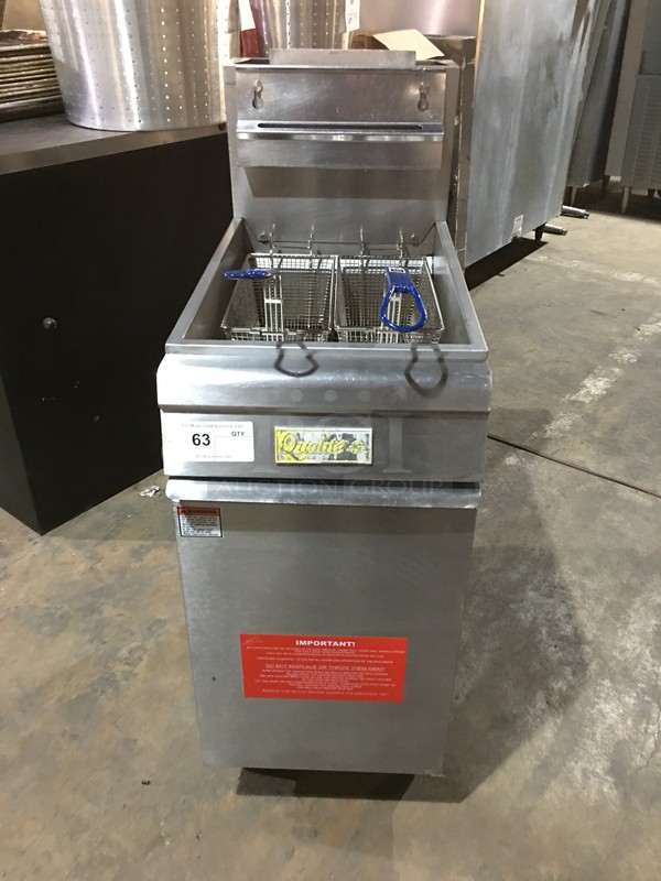 Qualite Commercial Natural Gas Powered Deep Fat Fryer! With Backsplash! With 2 Metal Frying Baskets! All Stainless Steel! Model QL9NG Serial 0316218000! On Legs!