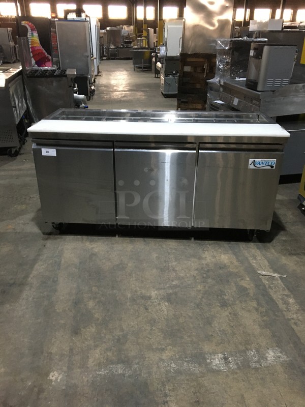 Avantco Refrigerated Sandwich Prep Table/Bain Marie! With Commercial Cutting Board! With 3 Door Underneath Storage Space! With Poly Coated Rack! All Stainless Steel! On Commercial Casters!