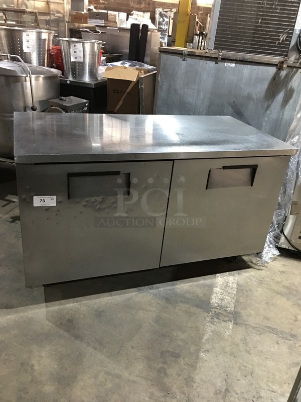 True Commercial 2 Door Refrigerated Lowboy Worktop! With Poly Coated Racks! All Stainless Steel! Model TUC60 Serial 13608903! 115V 1Phase! On Commercial Casters!
