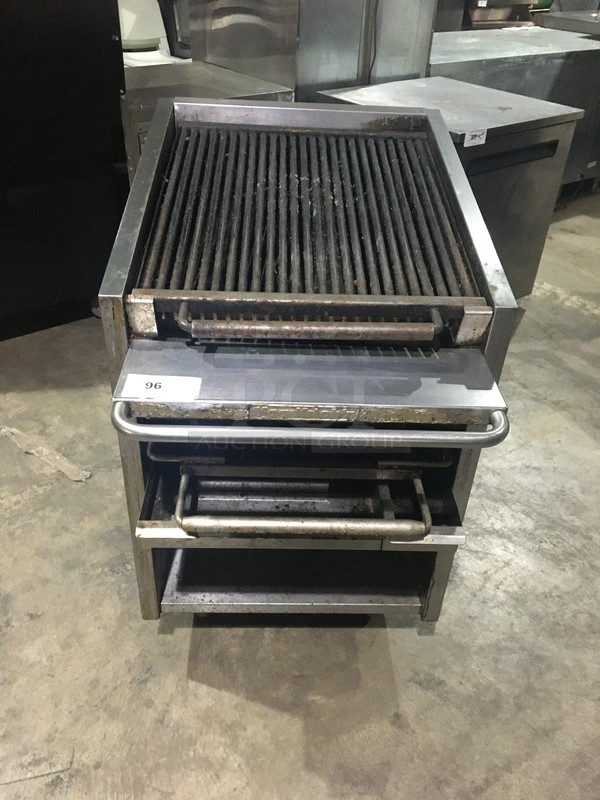 Magi Kitch'n Commercial Natural Gas Powered Char Broiler Grill! With Underneath Storage Space! With Back & Side Splashes! All Stainless Steel! Model FM624 Serial G08UC036898! On Commercial Casters!