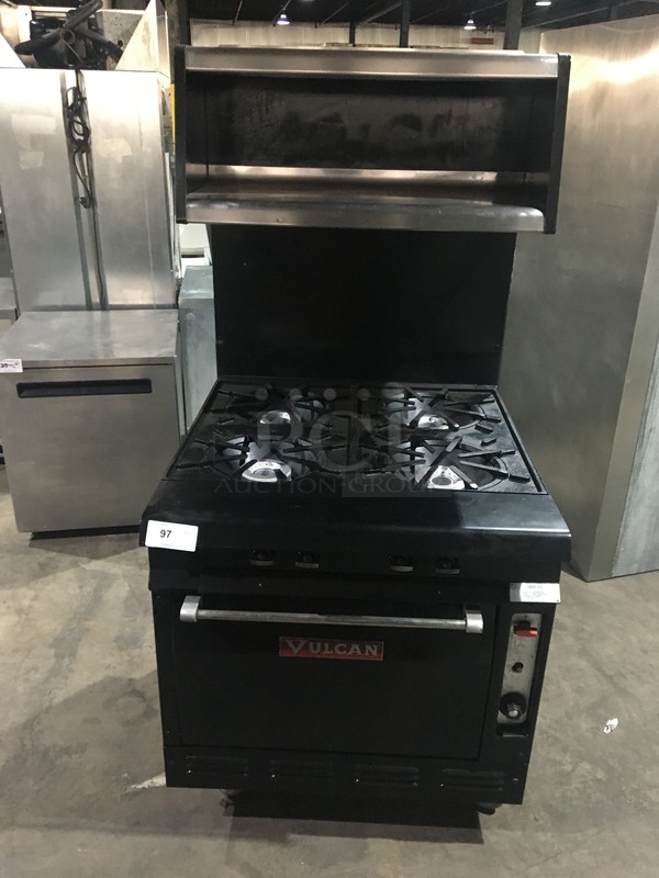 Vulcan Commercial Natural Gas Powered 4 Burner Stove! With Full Size Oven Underneath! With Backsplash & Shelf Overhead! Model 7845A Serial 82A697A! On Commercial Casters! 