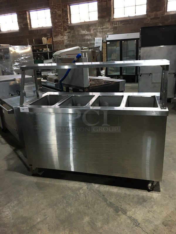 Amazing! Duke Electric Powered 4 Well Steam Table Showcase! With Sneeze Guard Frame! Model DCEP30425SS Serial 04075064! 120/208V 1 Phase! All Stainless Steel On Commercial Casters! 