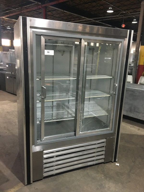 GZG Commercial Reach In Refrigerator Merchandiser! With 2 Sliding Doors! With Poly Coated Racks! All Stainless Steel Body! With Some Cracks On Glass! Model RW54SC! 115V 1Phace! 