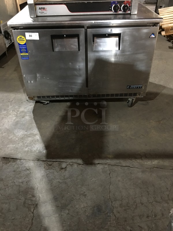 Everest Commercial 2 Door Refrigerated Lowboy/Work Top! With Poly Coated Rack! All Stainless Steel! Model ETBR2 Serial BTBR213020010! 115V 1Phase! On Commercial Casters!