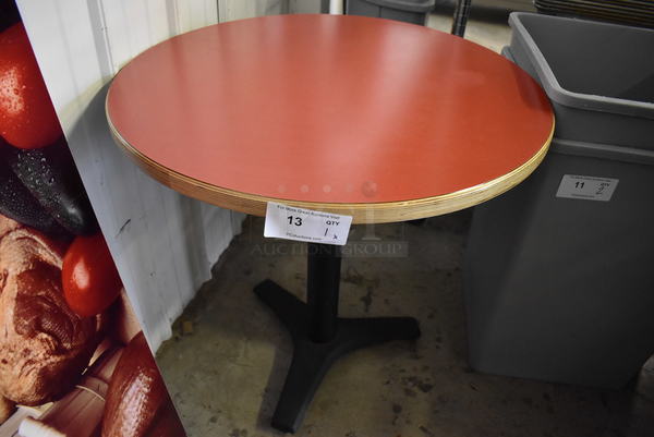 Red Round Tabletop w/ Wood Pattern Rim on Black Metal Base. 30x30x30